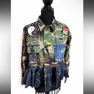 Upcycled Camouflage & Denim Peplum Copped Jacket
